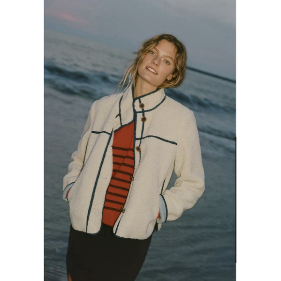 Anthropologie Jackets & Blazers - Anthropologie Piped Sherpa‎ Jacket Size XS Cream Cozy Warm Pockets Fall Winter